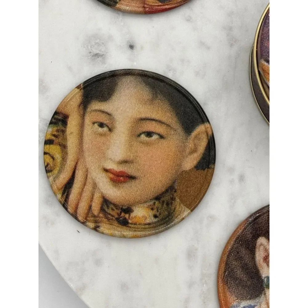Vintage Coasters Set Alan Chan Creations Metal W/ Cork Back‎ & Storage Tin